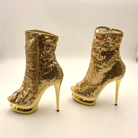 Pleaser Gold Sequin Peep-Toe Heeled Boots - Picture 1 of 8